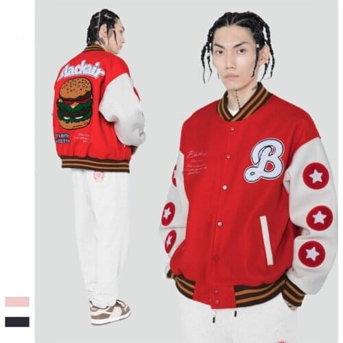 Autumn and Winter Unisex Single Breasted Baseball Uniform Youth Retro Fun Burger Embroidery Personality Mens Varsity Jackets