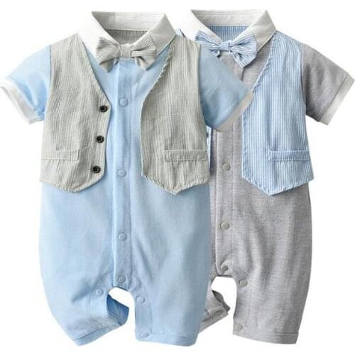 Summer Newborn Kids Boys Fake Two Piece Gentleman Jumpsuits Clothes Baby Boys Stripe Rompers Short Sleeve Children Rompers