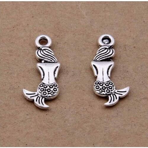 Metal Beads Pendant 100pcs/lot Antique Silver Plated Alloy Charms 8*20mm Beauty Mermaid Shape Pendant For Jewelry DIY Making