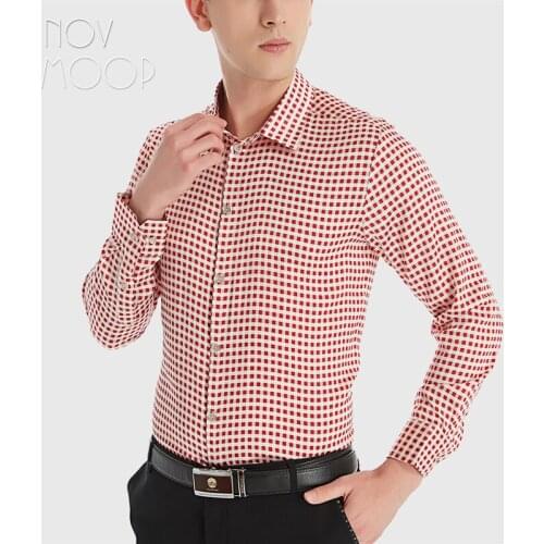 Novmoop 19mm natural silk pandex satin mens shirt high grade quality Camisa de seda para hombre small red plaid pattern LT3543