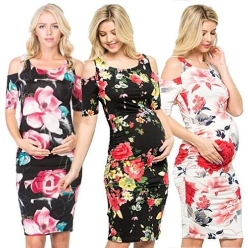 New Maternal Dresses Ladies Off-the-shoulder Print Versatile Slim Pregnancy Clothes Women Flower Color Dress Casual O-Neck Dresse