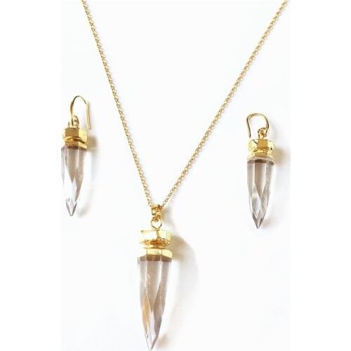 FUWO Natural Clear Quartz Jewelry Sets,Fashion White Crystal Semi Precious Stones Necklace Earrings Gift For Women JS010