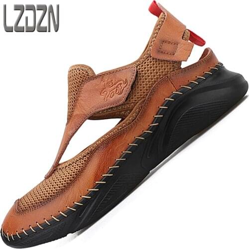 Summer Breathable Mens Hollow Sports Lazy Sandals Leather Shoes Beach Tide One Pedal Baotou Mesh Casual Sandals and Slippers