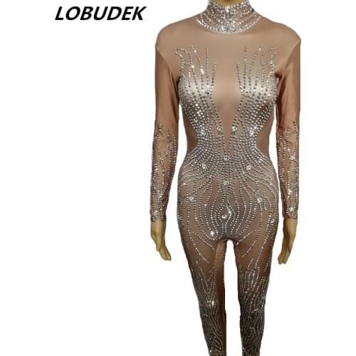 Silver Rhinestones Sexy Jumpsuit Nightclub Bar DJ Singer Stage Wear Pole Dancing Costume Acrobatics Performance Elastic Leotard