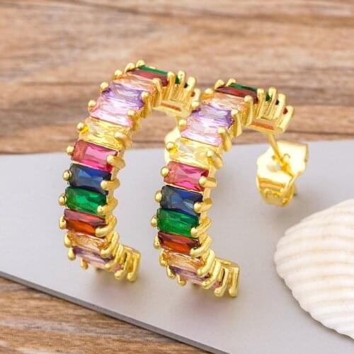 Hot Sale Charm Bohemian Fashion Small Ear Cuff Stud Earrings for Women Colorful Cubic Zirconia Stones Round Earring Jewelry