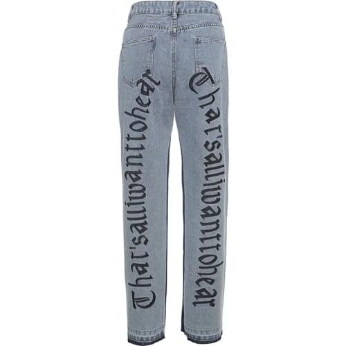 Fashion Trend Embroidery Jeans Letters Crochet Denim Pants Women High Wasit Straight Jeans Plus Size Boyfriend Streetwear
