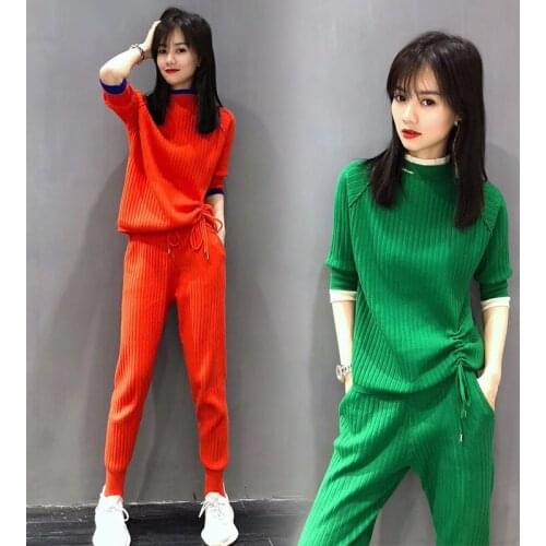 Womens suit 2019 spring new black solid color small green fashion knit suit casual elegant two-piece