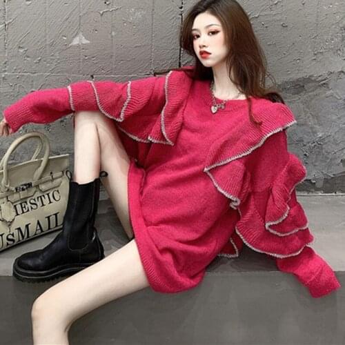 2020 Spring Autumn Korean Fashion Ruffled Ladies Pullover Sweater Loose Round Neck Mid-Length Long-Sleeved Knit Sweaters Female