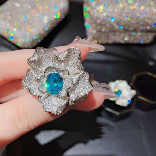 925 Silver Ring for Women Luxury Blue Topaz Elegant Flower Wedding Party Rings Girls Wedding Engagement Trendy Female Jewelry