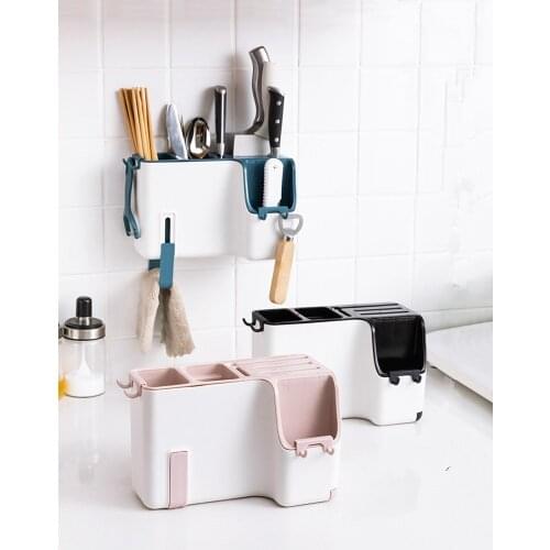 1PC Multifunction Spoon Chopsticks Storage Rack Wall Mount Kitchen Cutlery Box Cutter Towel Rack Hanging Holder OK 1177