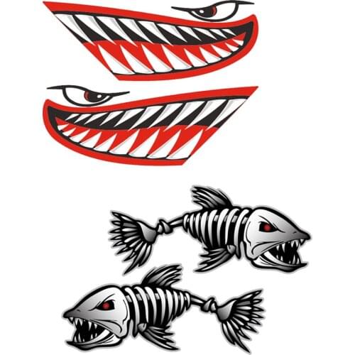 2 Pairs of Shark Stickers Vinyl Decals for Car Truck Fishing Boat Canoe ( Shark Teeth Mouth Sticker + Fish Bone Stickers)