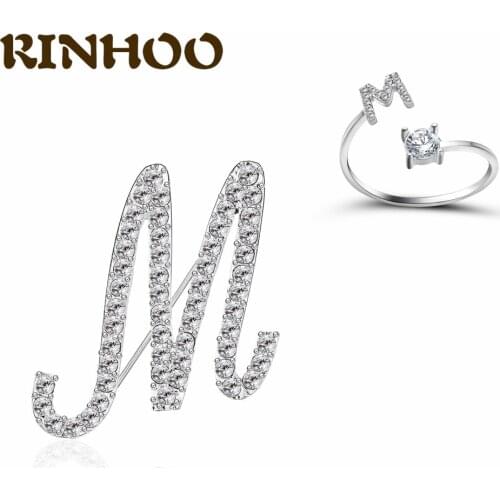 2Pcs/set 26 Initial Letter Shiny Zircon Rings Brooches For Women Men Rhinestone Brooch Pins Opening Rings Fashion Couple Jewelry