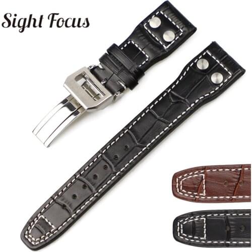 22mm Studded Genuine Leather Strap for IWC PILOT Mark 17 WATCHES Folding Buckle Croc Grain with Nail Watches Bands Accessories
