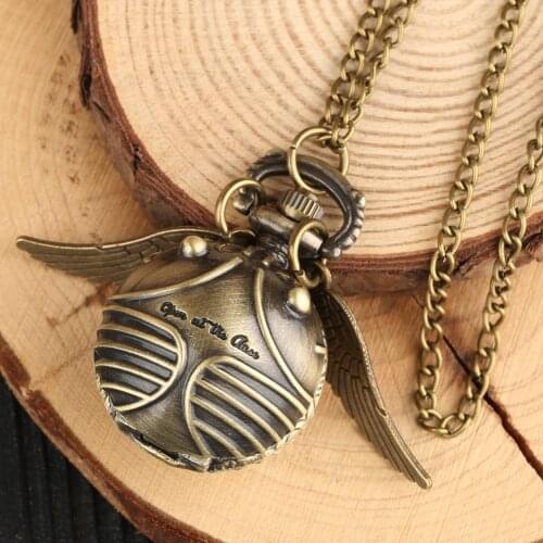 Antique Retro Ball Shaped Quartz Pocket Watch Fashion Sweater Angel Wings Necklace Chain Souvenir Gift for Men Women kids