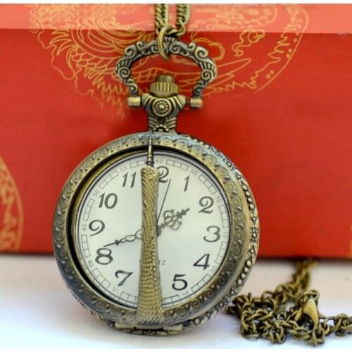 Large Vintage Fashion Casual Creative Craved Bronze Canton Tower Silver White Surface Pocket Watch with Clain