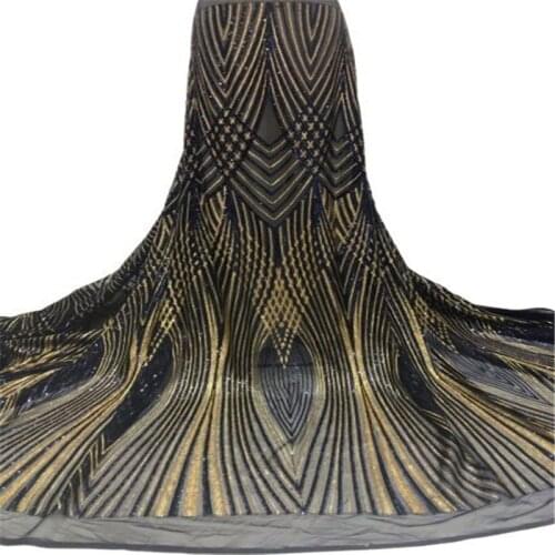 Black/Gold Embroidered African Sequins Lace Fabric French Nigerian Tulle Mesh Lace Fabric with Sequins Bridal Net Lace Fabrics