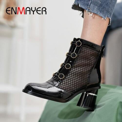 ENMAYER 2020 Round Toe Women Shoes Square Heel Patent Leather Women Boots Spring/Autumn Basic Mesh (Air Mesh) Ankle Boots 34-42