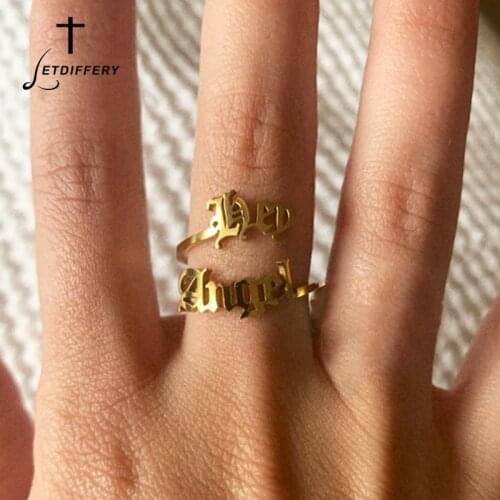Letdiffery Golden Double Names Personlized Rings Stainless Steel Old English Font Custom Jewelry for Men Women Wedding Rings