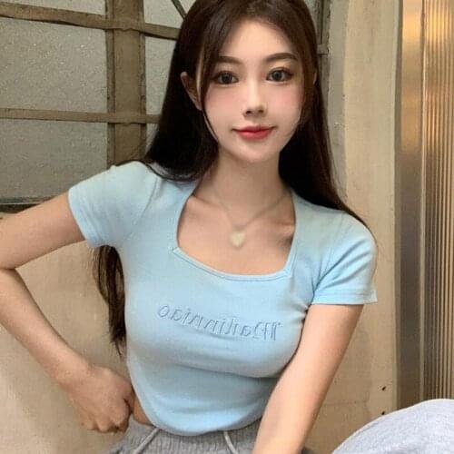 Summer Womens Clothing Square Collar Casual Slim Exposed Navel Short Sleeve Slim T Shirt Top Cool Girl Style Blouse