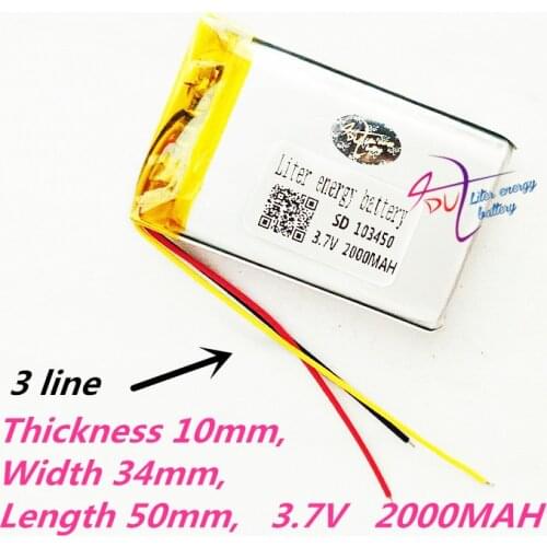 3 wires 103450 3.7V 2000MAH lipo polymer lithium rechargeable battery for MP3 GPS navigator DVD recorder headset e-book camera