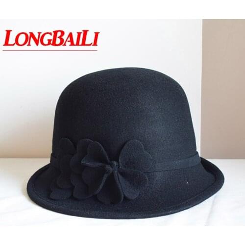 LongBaiLi Winter Women Elegant Floral Wool Felt Bucket Hats Ladies Fedoras PWSV026