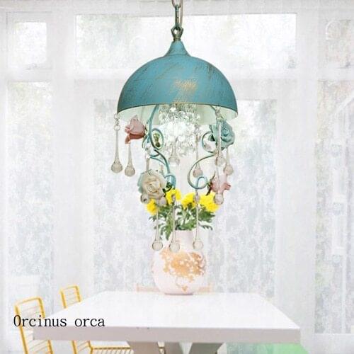 French garden chandelier single head flower lamp blue Mediterranean bar tea restaurant lamp bedroom childrens room crystal lamp