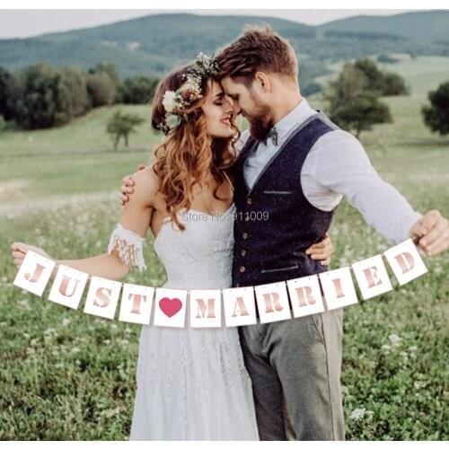 Just Married Wedding Party Decorations DIY Engagement Wall Ceiling Hanging Bunting Party Supplies