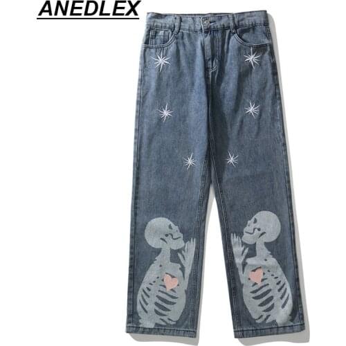 Men Skull Love Print Casual Baggy Damaged Denim Jeans Hip Hop Hipster Streetwear Pants Men 2021 New Punk Rock Trousers Male