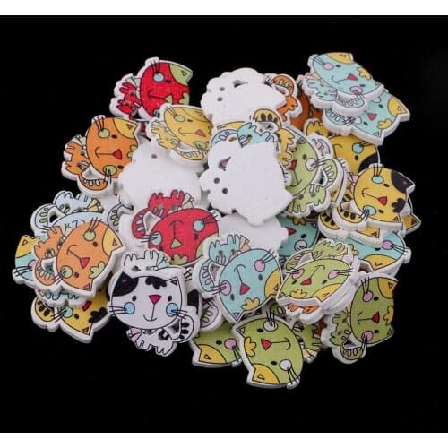 Pack of 50 Cute Cartoon Cat Pattern Wooden Buttons 2 Holes for DIY Scrapbooking Card Making