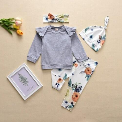 2021 Autumn New Baby Girls Clothes Set Newborn Infant Outfits Long Sleeve Floral Pants Bow Headband Cute Hat 4 Piece Set 0-18M