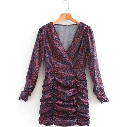 New arrival ladies printed mini dress V-neck pleated dress female slim sexy dress