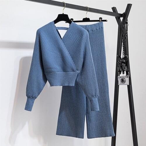 Fall Winter New Shiny Knitted Pullovers And Pants 2 Piece Set Women Sexy Big V-neck Batwing Sleeve Sweater And Long Pants Sets