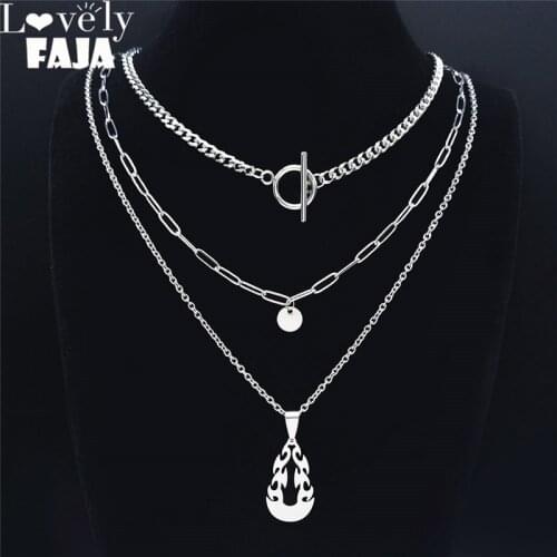 3PCS Hip Hop Flame Stainless Steel Necklace Pendant Women Silver Color Layer Necklace Jewelry bijoux personnalises NXS03