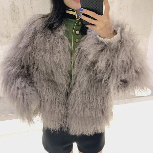 Fashion Women Spring Autumn Real Fur Coat Ladys V-neck Real Mongolia Sheep Fur Short Outwear Coat