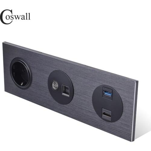 Coswall All Aluminum Wall Panel EU Socket + Female TV Jack / CAT5E RJ45 Internet Outlet + HDMI-compatible 2.0 / USB 3.0 Port