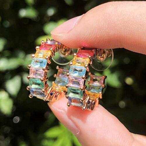 OMYFUN Luxury Hoop Earrings Multi Color Crystal Glass Women Brincos Gold Filled Semijoyas Hot Wedding Bridal Party Jewelry E004