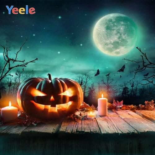 Yeele Halloween Backdrop Wood Board Pumpkin Lantern Forest Moon Night Bat Custom Vinyl Photography Background For Photo Studio