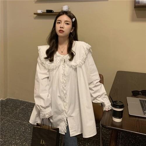 #8326 Beige White Blouse Women Peter Pan Collar Casual Vintage Blouse Femme Long Sleeve Spliced Lace Blouses Loose Spring Autumn