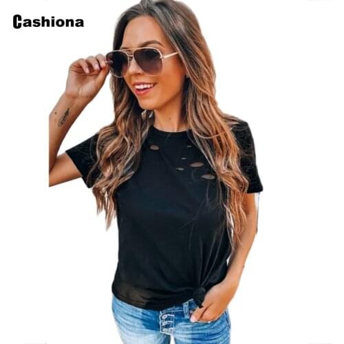 Cashiona Plus size 3xl Women Casual T-shirt Fashion Hole Ripped O-neck Loose Womens Top 2021 Summer Tees shirt Femme Clothes