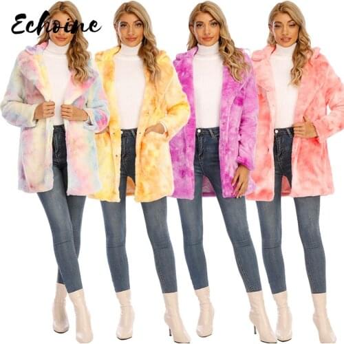 Winter Warm Soft Tie Dye Velvet Faux Fur Jacket Women Casual Long Sleeve Turn-Down Collar Fleece Coat With Pockets Coats Outwear