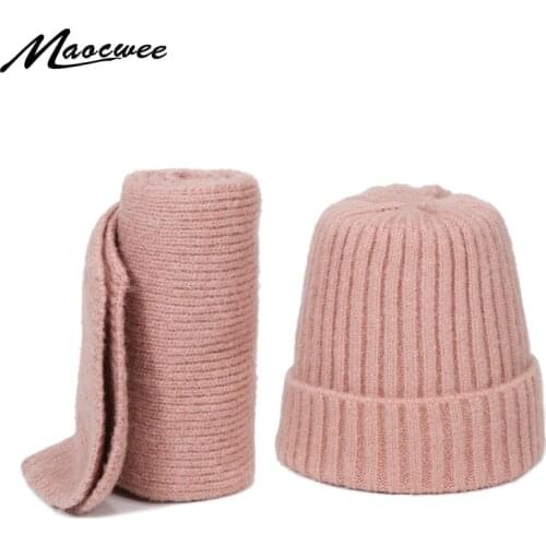 Winter Knitted Wool Beanie Hat Scarf Set For Children Outdoor Thick Hat Girls Boys Warm Solid Pink White Beanie Hat Scarves Sets