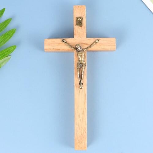 1PC Soild Wooden Cross Zinc Alloy Jesus Catholic Cross Church Ornaments Decorations (Wood Color/Black)