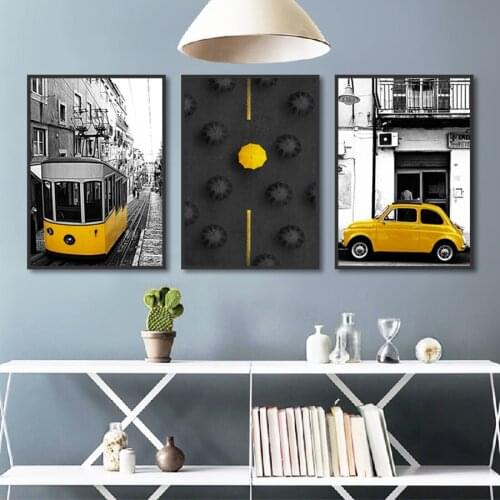 Nordic Style HD Black Backgroud Yellow Car Umbrella Bus Canvas Print Painting Home Decoration Wall Art Picture Poster Unframed