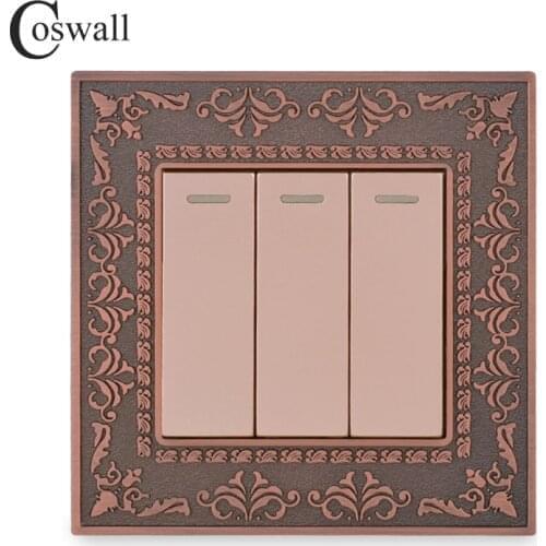 Coswall Zinc Alloy Metal Panel 3 Gang 1 Way Wall Switch 4D Embossing Retro Luxury On / Off Light Switch 16A AC 110~250V