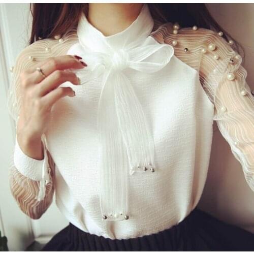 Spring elegant organza bow of Pearl White blouse casual fashion shirt chiffon shirt women blouses tops blusas femininas