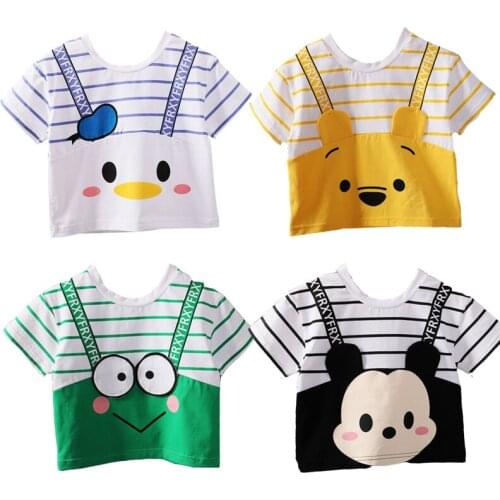 Fake Strap Stripe Cartoon Printed Short Sleeve Oversized T-shirt for Boys and girls summer Childrens Clothing Child Tee Shrit
