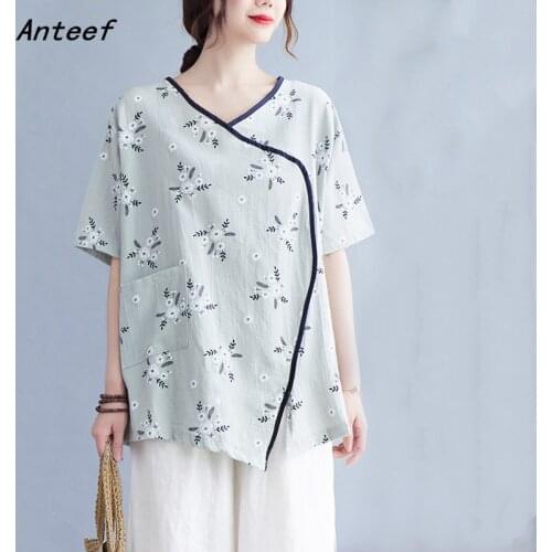 Cotton linen vintage floral casual loose summer tee t shirt women t-shirt ladies tshirt 2021 tops streetwear clothing