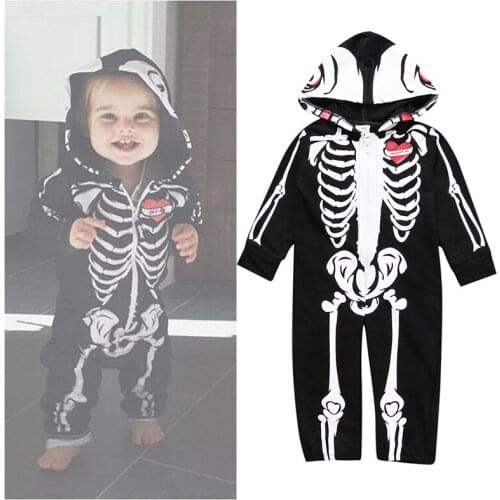 Halloween Costume for Infant Kids Carnival Purim Costume Toddler Skeleton Jumpsuit Cosplay Horror Cute Baby Zipper Hooded Romper