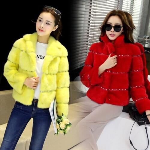 Women spring autumn winter real mink fur jacket full pelt rivets natural mink fur short coat suit collar long-sleeved female