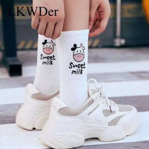 LKWDer 5 Pairs Korean Womens Socks Street Skateboard Sports Socks Black And White Retro Casual Cow Cotton Hip Hop Tide Sock Meia